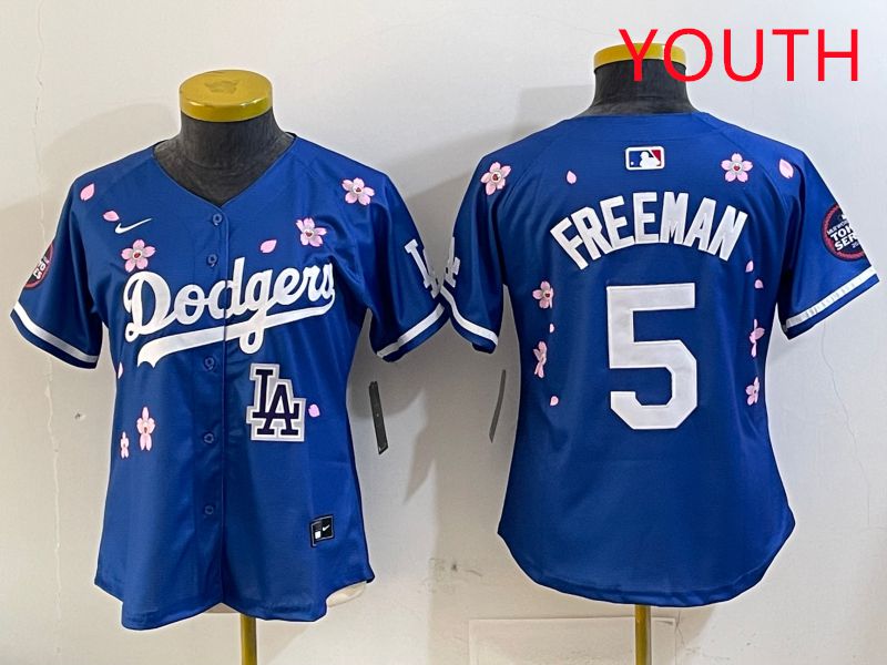 Youth Los Angeles Dodgers #5 Freeman Blue Sakura Edition 2025 Nike MLB Jersey style 9->youth mlb jersey->Youth Jersey